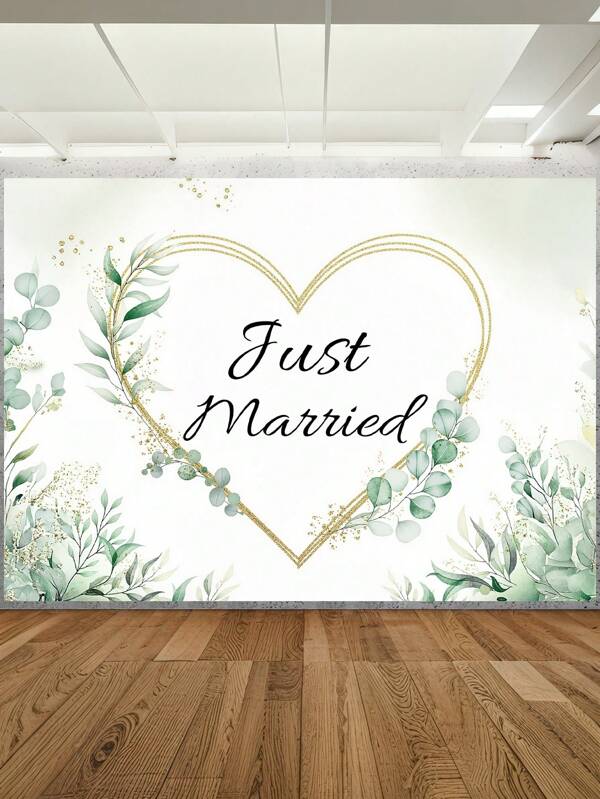1pc Just Married Wedding Photography Backdrops Heart Shaped Watercolor Flowers Green Leaves Photo Background 59.1*39.4/82.7*59.1/106.3*70.9 Inches Indoor Outdoor Groom Bride Party Banner Romantic Bridal Couple Decoration Supplies