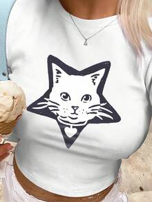 Cat And Pentagram Pattern Belly Baring Crop Top Women's Tops - White - View 2