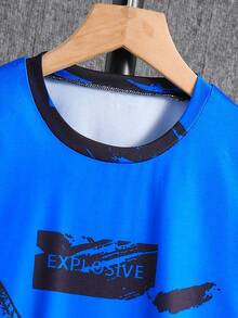 Set de 2 piezas con parte superior de manga corta y shorts estampado con graffiti y tinta para niño preadolescente, conjunto de vestir informal para vacaciones, primavera/verano - Azul - Ver 6