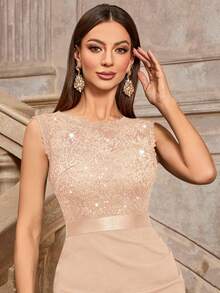 MIUSOL 经典亮片花卉蕾丝圆领无袖鸡尾酒会修身连衣裙，优雅女士连衣裙