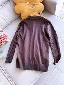 V Neck Plus Size Basic Long Sleeve Winter Knit Top Women Fashion - Coffee Brown - View 2
