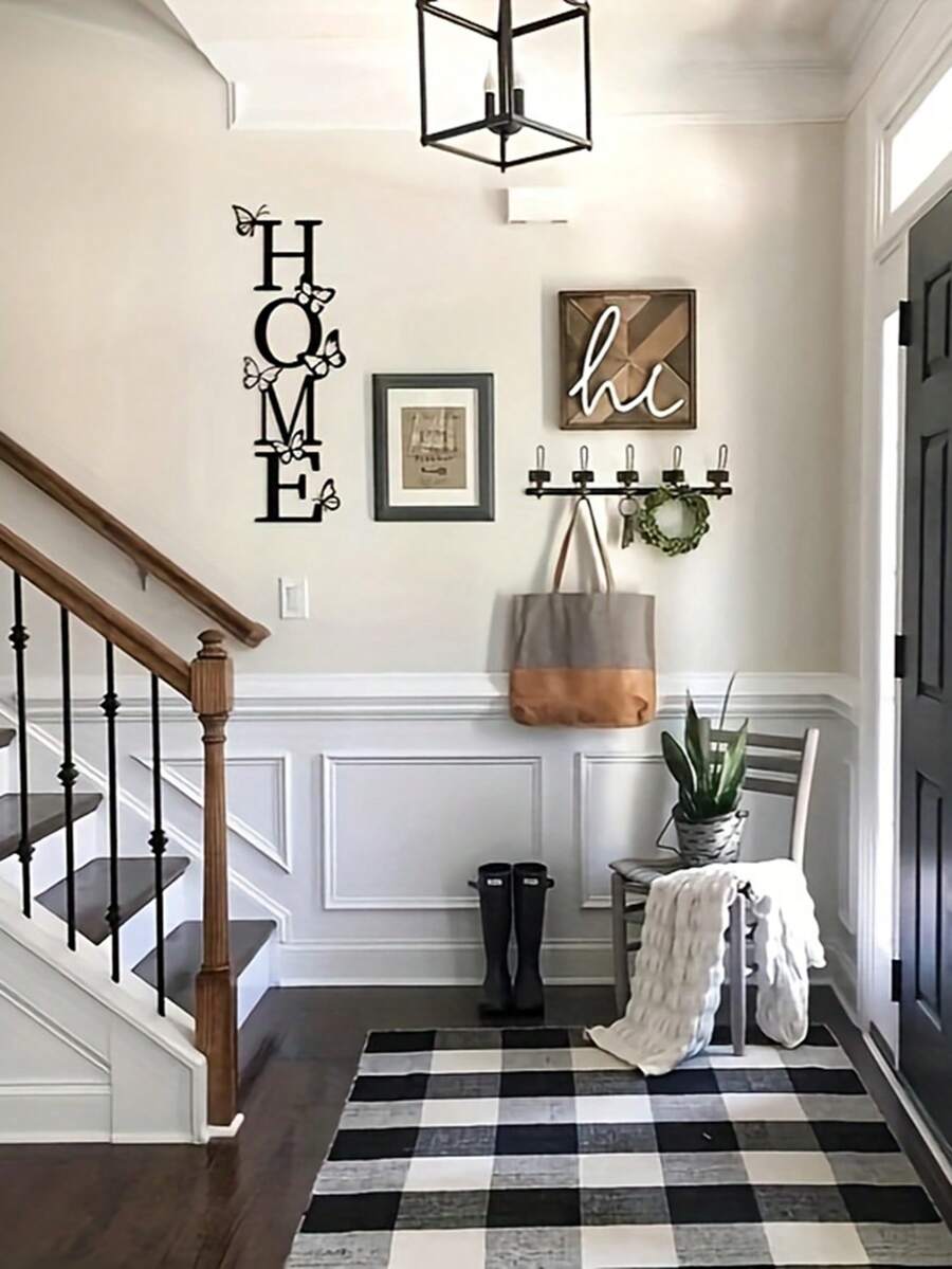 1buc HONME decor de perete metalic cu ornament fluture, artă grafică pentru sufragerie, decor pentru intrare verticală cu tematică pentru casă