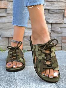 女士新款系带平底拖鞋，时尚军绿色凉鞋，防滑沙滩拖鞋，多功能休闲轻便软底透气人字拖 - 軍綠色 - 查看 4
