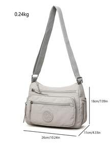 Casual Nylon Shoulder Bag With Adjustable Strap, Multi-Compartment, Solid Color, Zipper Closure, Polyester Lining, Lightweight & Versatile Cross-Body Bag For Everyday Use - Grey - View 2