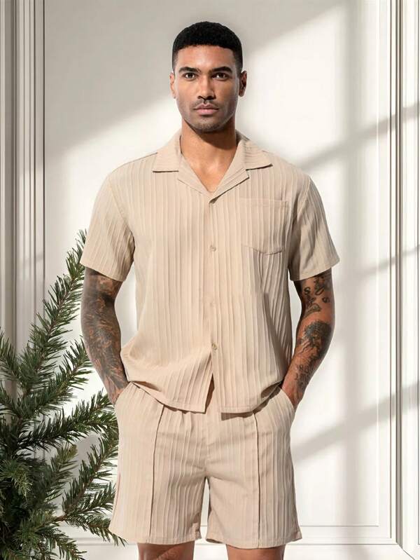 Conjunto de Camisa y Pantalón Corto para Hombre de Verano en Colores Sólidos, Camisa Casual de Manga Corta y Pantalones Cortos para Hombre con Rayas Onduladas