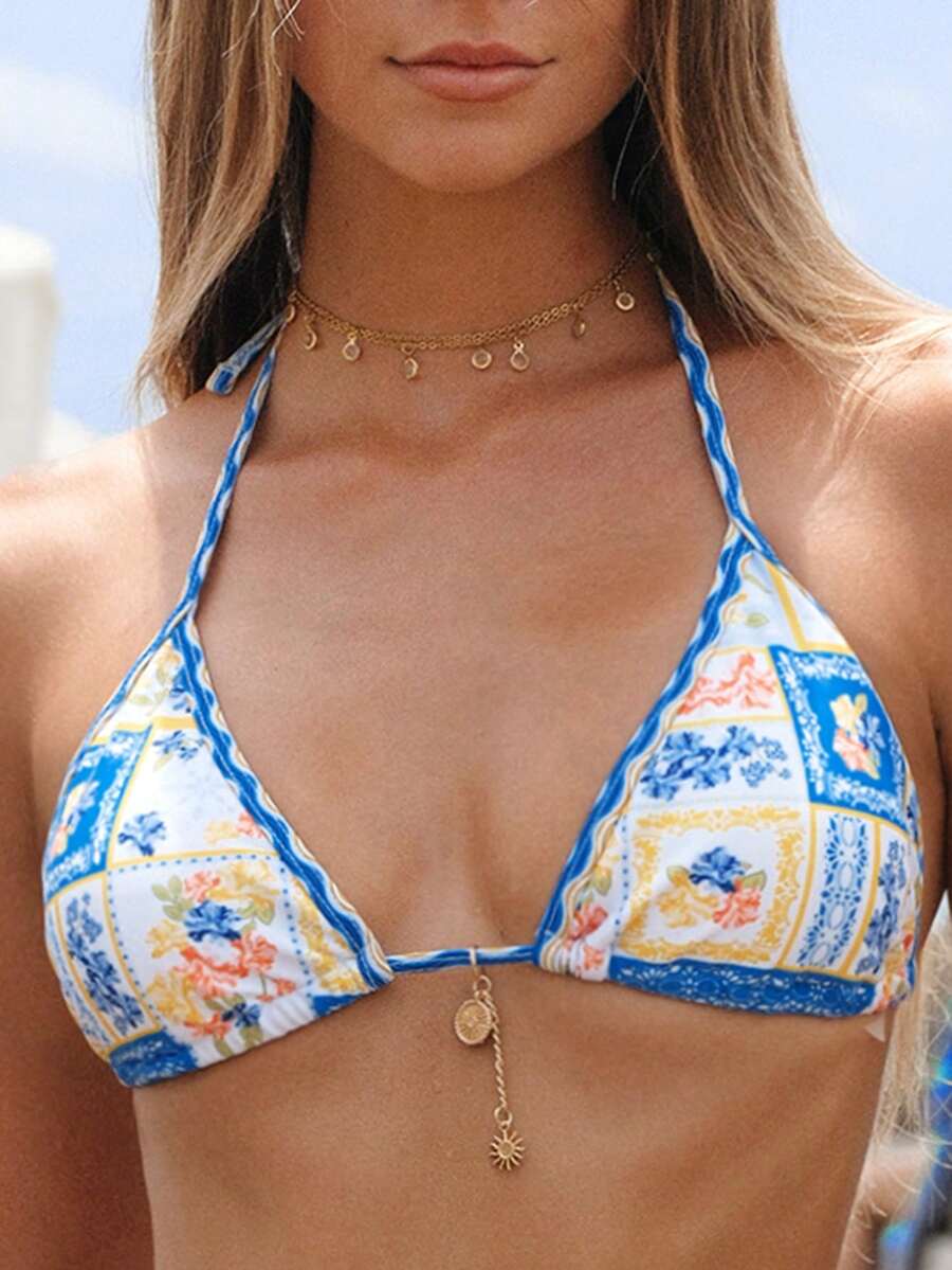 女士蓝色印花性感比基尼上衣 - 彩色 - 查看 1