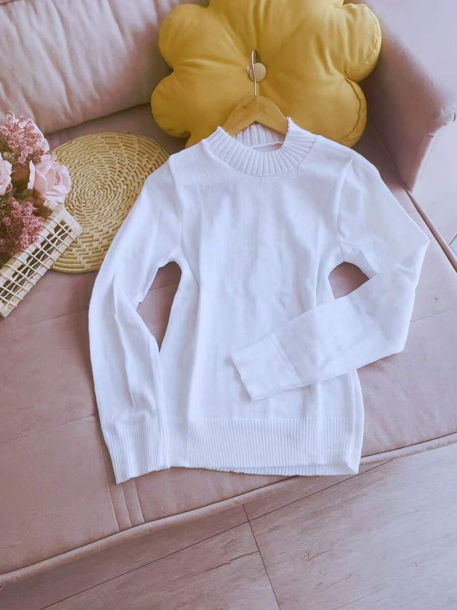Basic Knitted Cold Weather Blouse Round Neck Sweater Women's Fashion - Blanco - Ver 1