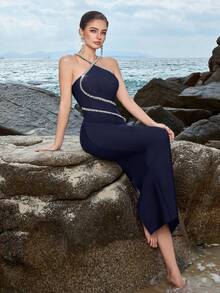 ADYCE Elegantes Damen Trägerkleid, handgefertigter Nageldrill mit Neckholder, hochgeschnitten, rückenfreies, gespaltenes Bandage-Design, Partykleid für Abschlussball, Geburtstag, Abenddate, Heimkehrfeier, Hochzeitsgast, formelles Dinner, Familienfest, Silvester, Valentinstag - marineblau - Übersicht 11