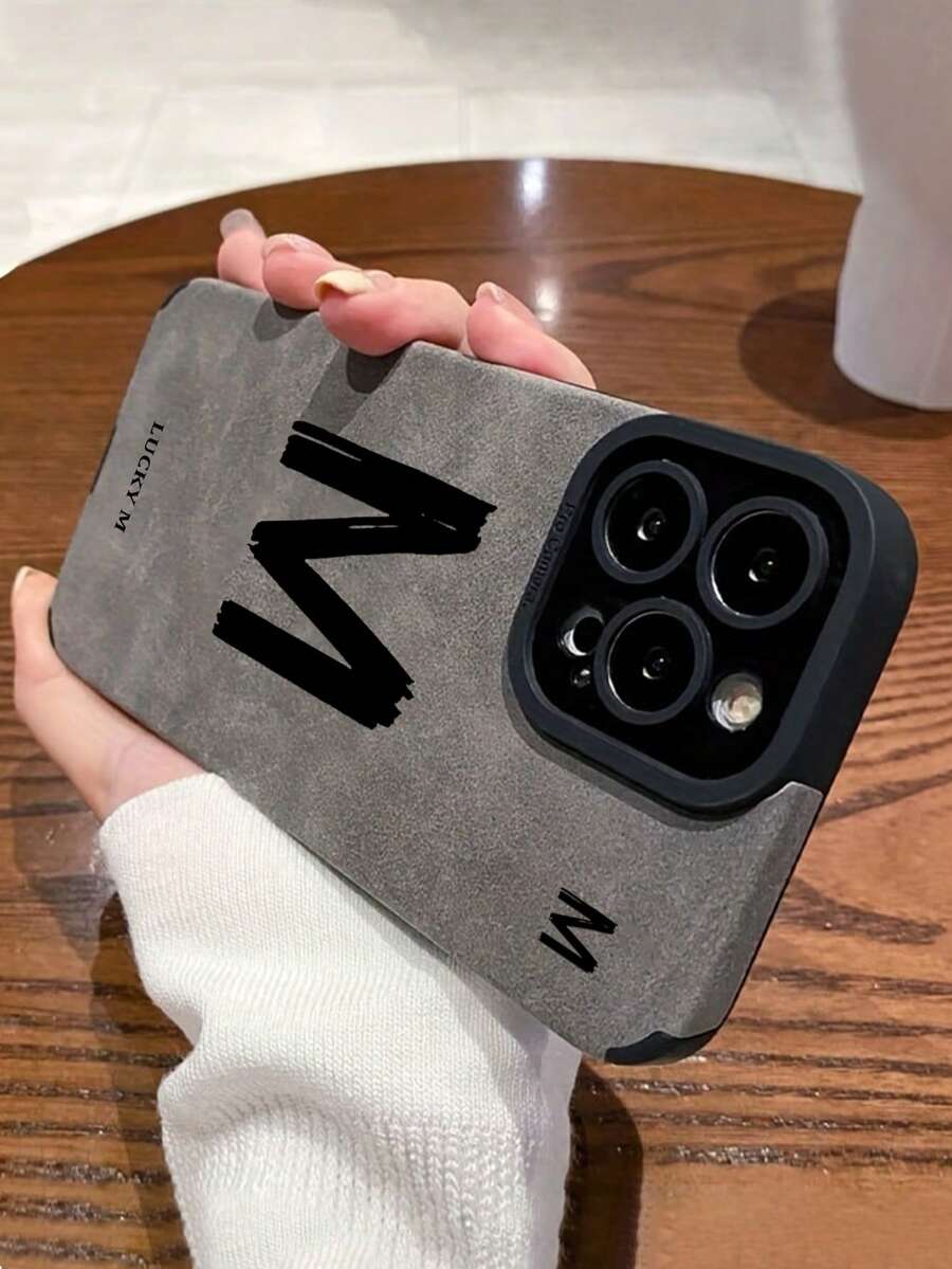 LUCKY Letter Print Fashion Design Phone Case, Matte Gray Faux Leather Texture, Precise Cutouts, Shock-Resistant Vintage Velvet Finish, Full-Body Protection, Lens Protection, Compatible With IPhone 17 Pro Max - Multicolor - View 1