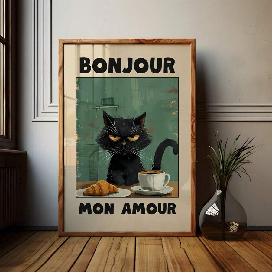 1幅黑猫海报，“Bonjour Mon Amour”绿色文字黑猫早餐艺术画，现代帆布艺术，适合厨房、客厅或家庭办公室装饰，无框，室内装饰 | 艺术墙贴 | 时尚家居装饰，猫咪装饰 - 彩色 - 查看 1