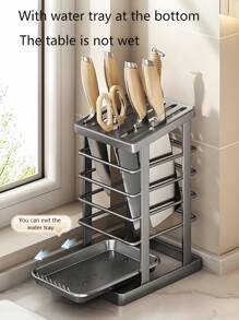 Stainless Steel Knife Holder - Kitchen Countertop Organizer With Drain Tray, Space-Saving Cutlery Storage