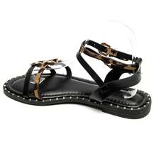 Western Style Flat Sandals With Crescent-Shaped Straps And Decorative Buckles - Black - View 3