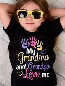 Girls' "My Grandma And Grandpa Love Me" Casual Black T-Shirt - Soft Cotton, Crew Neck, Short Sleeve With Colorful Print Design - Perfect For Spring/Summer, Playful Graphic Tee|Casual Crew Neck|Machine Washable Shirt - 黑色 - 查看 1