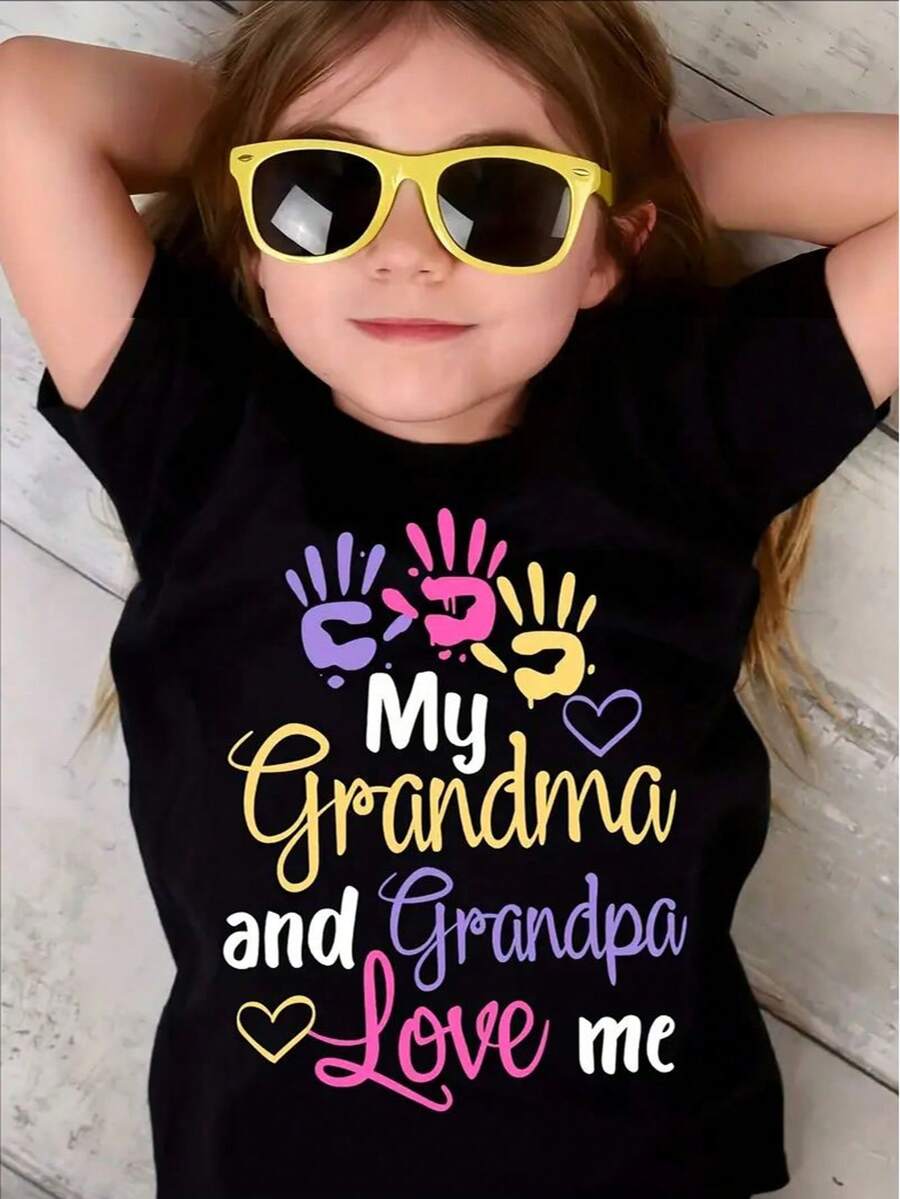 Girls' "My Grandma And Grandpa Love Me" Casual Black T-Shirt - Soft Cotton, Crew Neck, Short Sleeve With Colorful Print Design - Perfect For Spring/Summer, Playful Graphic Tee|Casual Crew Neck|Machine Washable Shirt - 黑色 - 查看 1