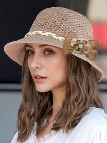 1pc Women's Fashionable Floral Decor Elegant Knitted Wide Brim Straw Hat, Suitable For Spring/Summer Outdoor, Travel, Beach, Camping, Versatile Daily Wear