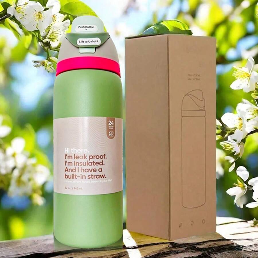 Hervidor de agua para acampar al aire libre de doble bebida O.wala Morandi con pajita, botella de agua para bicicleta aislada de gran capacidad de 32 oz / 945 ml, tiempo de conservación del hielo más de 24 horas, botella de agua con doble aislamiento al vacío, bebidas congeladas, apariencia hermosa, trabajo exquisito, adecuado para acampar, trabajo, uso en interiores