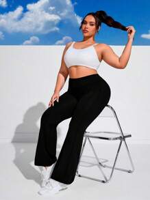 Calça Flare Bailarina Plus Size Tecido Grosso Cós Alto Em Suplex Poliéster Conforto Com Wolfox SHEIN Moda Fitnes