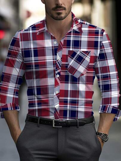 Men's Fashion Casual Plaid Print Long Sleeve Shirt