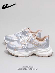 1 Pair WARRIOR Women's Casual Outdoor Sport Shoes, Lace-Up Design, Thick Sole, Low-Top Flat Outdoor Sneakers For Spring And Summer, Comfortable And Stylish, Classic Design Women's Shoes - Silver/white/light Card - View 2
