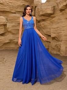 女士无袖亮片网纱A字优雅连衣裙，适合舞会、伴娘、婚礼宾客、毕业典礼、正式晚宴、嘉年华服装等场合。 - 中等水洗藍 - 查看 6