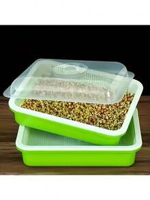1 Set American Style Seed Sprouting Tray Kit, Plastic Sprouting Growing Trays, Hydroponic Sprouting Basket With Drainage, Multifunctional Components With Cover, Suitable For Gardening - Green - View 2