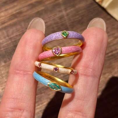1枚多巴胺复古彩色珐琅戒指，法式风格心情表达戒指，女士食指戒指