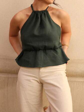 女士休闲系带褶皱舒适吊带背心，春夏款