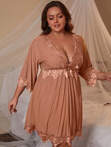 Plus Size Sexy Sleeveless Lace Trim V-Neck Nightgown , Comfortable Sleepwear, Moo Moo Night Dress - Apricot - View 5
