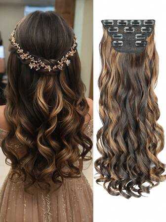 夹式接发，20 英寸长波浪形 4 件接发天然柔软合成纤维耐高温耐热夹式假发适合女性婚礼派对日常使用