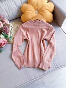 Basic Knitted Cold Weather Blouse Round Neck Sweater Women's Fashion - Khaki - View 1