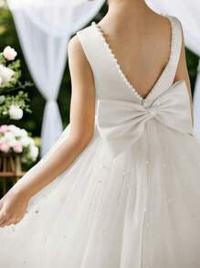 Vestido largo sin mangas con escote trasero, lazo, perlas y malla para niñas, apropiado para fiestas de cumpleaños, actuaciones y bodas