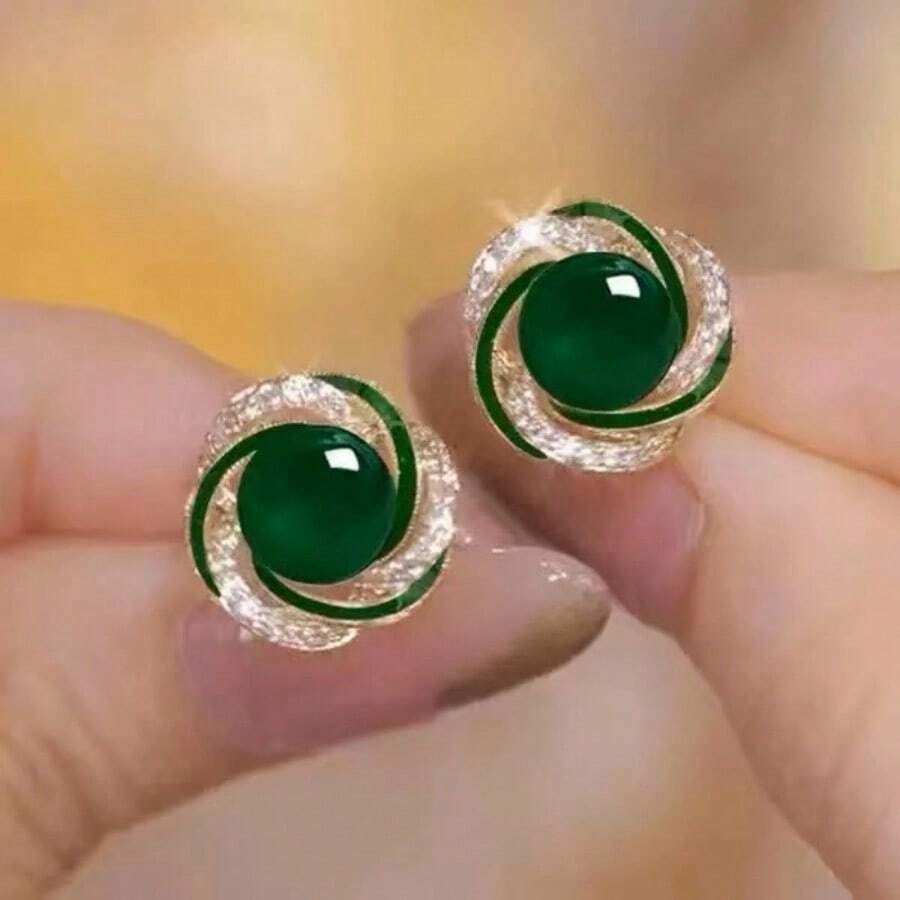 1 Pair Korean Style Minimalist Green Pearl Earrings, Women's Elegant Crystal Inlaid Ear Studs, Versatile - Green - View 1