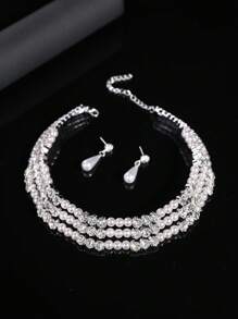 3 pièces Set de collier ras-du-cou et boucles d'oreilles à 3 rangs en zircone et perle, accessoire de robe de mariée, collier à gland