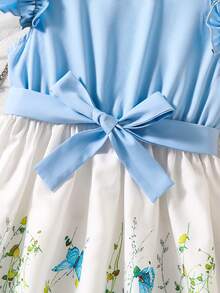 Váy suông hở vai in họa tiết bướm và hoa cho bé gái tuổi mới lớn - Màu xanh lam - Xem 5