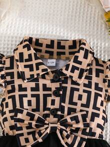 婴儿/女宝宝时尚盖袖拼布印花和网眼装饰连衣裙，夏季 - 黑色 - 查看 3