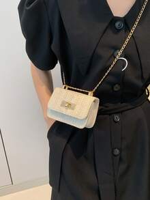 Mini Square Bag New Design Women's Handbag, Quilted Diamond Pattern High-Quality Shoulder Bag, Braided Chain Flap Cover Small Bag, Cute Crossbody Purse Accessory - Beige - View 4