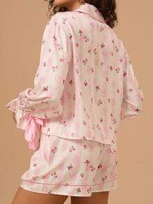 Y2k Floral Print Silk Bow Tie Pajamas For Women Set Summer 2 Piece Outfits Cute Long Sleeve Shirt Lounge Shorts Pajama Sets - 粉色 - 查看 2