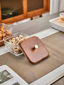 1set Japanese Style Walnut Wood Tray, Creative Glass Fruit Bowl, Square Lid Snack Plate, Multi-Compartment Nuts Dish, For Living Room, Wedding Party, Birthday, Picnic