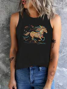 Floral Dynamic And Colorful Horse Women's Vest - 黑色 - 查看 1