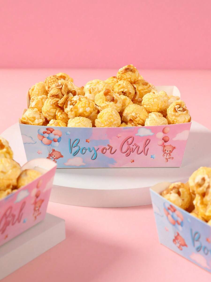 12件套性别揭晓一次性餐具套装，包含蓝色和粉色零食托盘、一次性食品容器、性别揭晓派对用品、薯条托盘、饼干烤盘、爆米花盒、婴儿派对装饰、一周岁生日派对装饰、新娘送礼会回礼、节日派对用品 - 性別揭露 - 查看 1