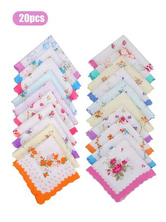 20pcs Women's Handkerchiefs, 100% Cotton Hankies, 28x28cm/11x11in, Vintage Floral Print Square Hanky, Random Color Handkerchief For Ladies