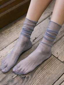 1 双/5 双女士金属线蕾丝边中筒袜，透明网眼透视荷叶边袜子，轻便春夏秋季