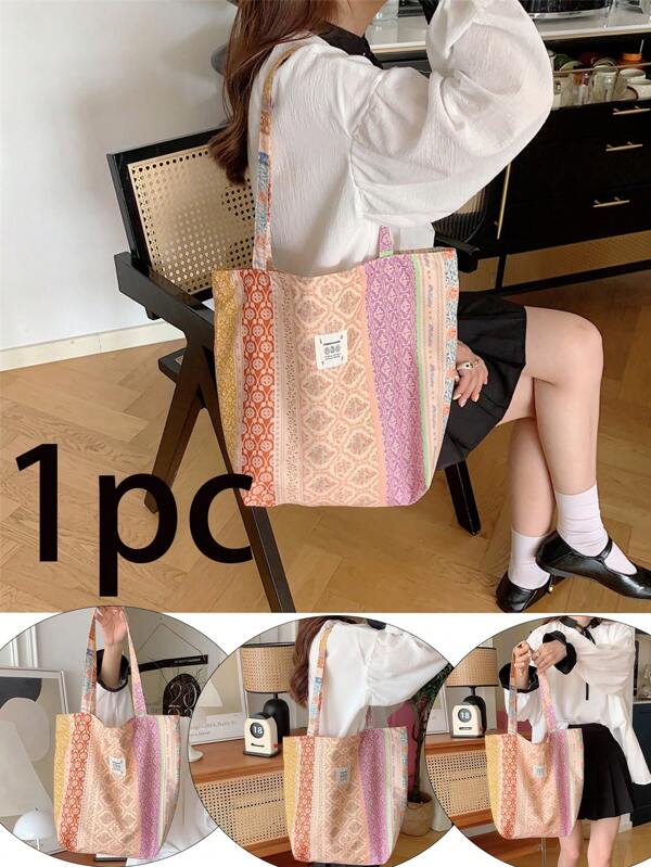 1pc Fresh And Simple Striped Shoulder Bag Handbag Large Capacity Fashionable Floral Canvas Shoulder Bag Portable Female Student Shopping Bag New Floral Handbag Beach Travel Shopping Essential Suitable For Students Commuting Ladies Vacation Wear Fashionable Versatile Shoulder Bag Commuting Retro Floral Shoulder Bag Cloth Bag Large Capacity Underarm Bag