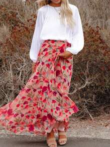 Plus Size Women's Chiffon Floral Print High Waist Loose Fit Maxi Skirt, Elegant Casual Summer Beach Holiday