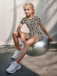 Tween Girls Leopard Print Sporty Comfy 2 Pieces Set - Beige - View 4