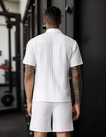 Conjuntos de Hombre Sencillo y Moda Camisa y Pantalón Corto, Ropa de Playa Hombre Casual de Manga Corta y Pantalones Cortos con Rayas Onduladas - Blanco - Ver 5