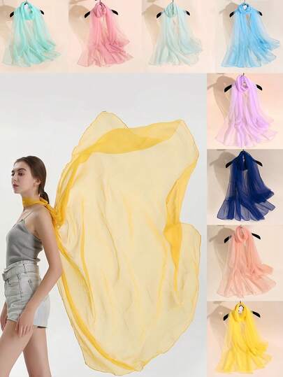 1pc Solid Color Casual Travel Beach Scarf For Women, Korean Style Versatile Imitation Silk Long Chiffon Scarf, Summer For Dress