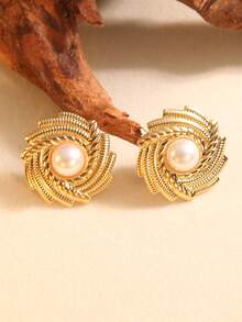 2pcs Stainless Steel Pearl Design Fashion Geometric Earrings, Stylish And Versatile - Multicolor - View 5
