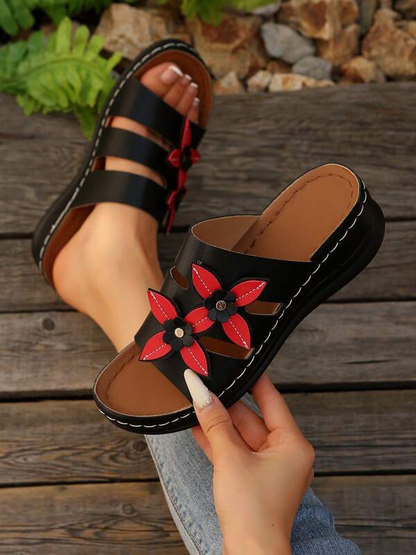 Sandalias de cuña de verano con decoración de lazo para mujer, diseño superior calado y de bloques de color a parches con lazo, elegante y a juego con la novia, material de PU de alta calidad con suela antideslizante y cuña con estilo de hada