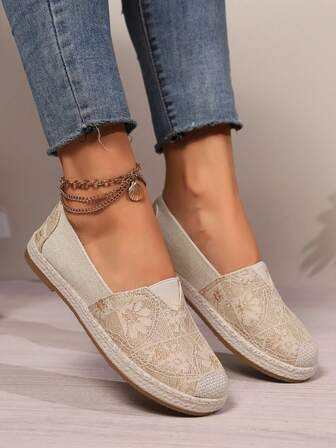 女士时尚中国风复古印花经典圆头一脚蹬休闲芭蕾平底鞋，舒适防滑透气乐福鞋